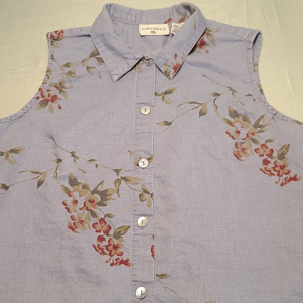 Kathy Ireland‎ Sleeveless Button Down Women Large Blue Floral Ramie Cotton Shirt
